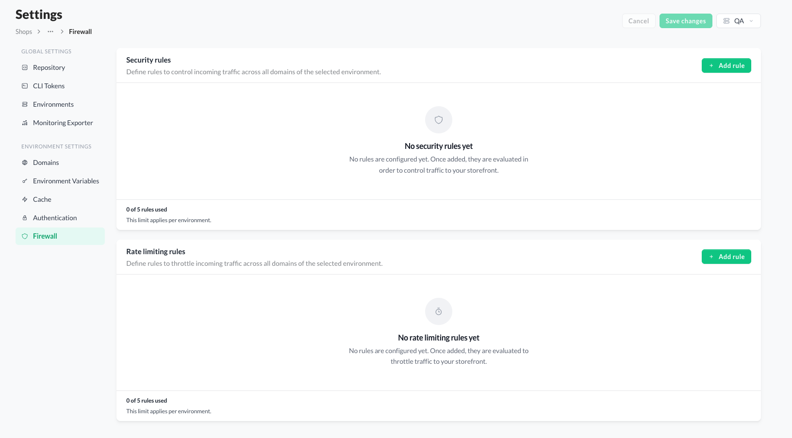 Firewall page in the SCAYLE Panel with the Rate limiting rules section visible and no rules configured